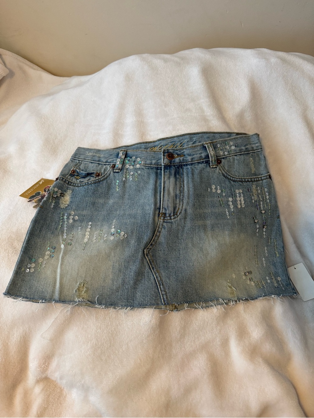 Michel Light Blue Denim Mini Skirt with Sequin Embellishments